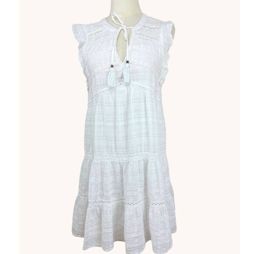 Knox Rose White Gauze Tiered Boho Midi Dress Crochet Lace Tassel Tie M